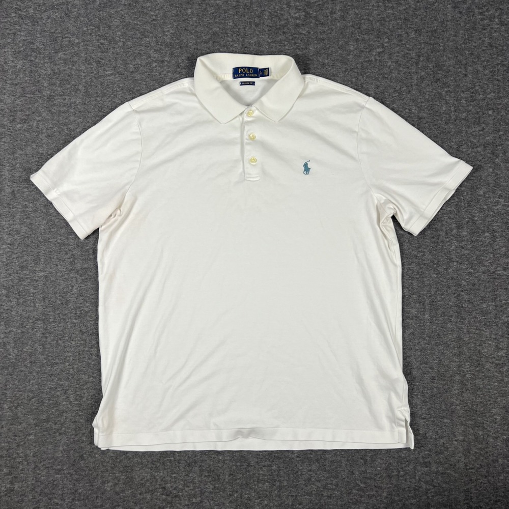 Polo Ralph Lauren Polo Shirt Mens Large White Classic Fit Short Sleeve Blue Pony